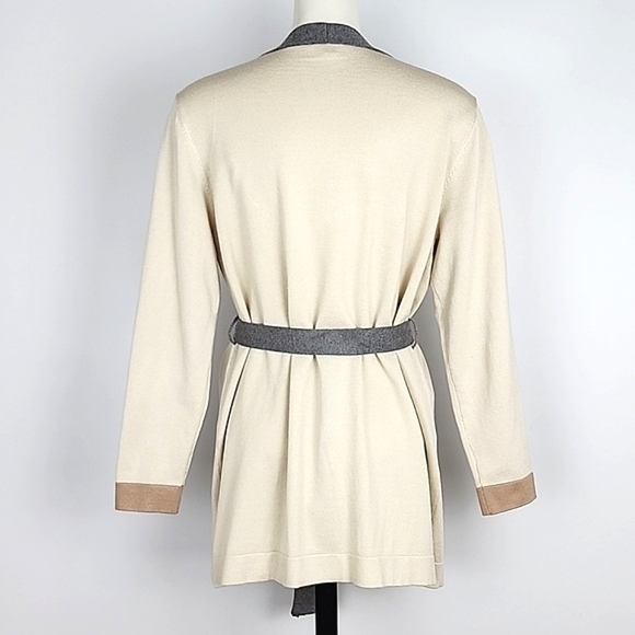 Vila Milano Open Front Belted Long Cardigan  Geometric Beige Grey Size Large - Picture 3 of 14